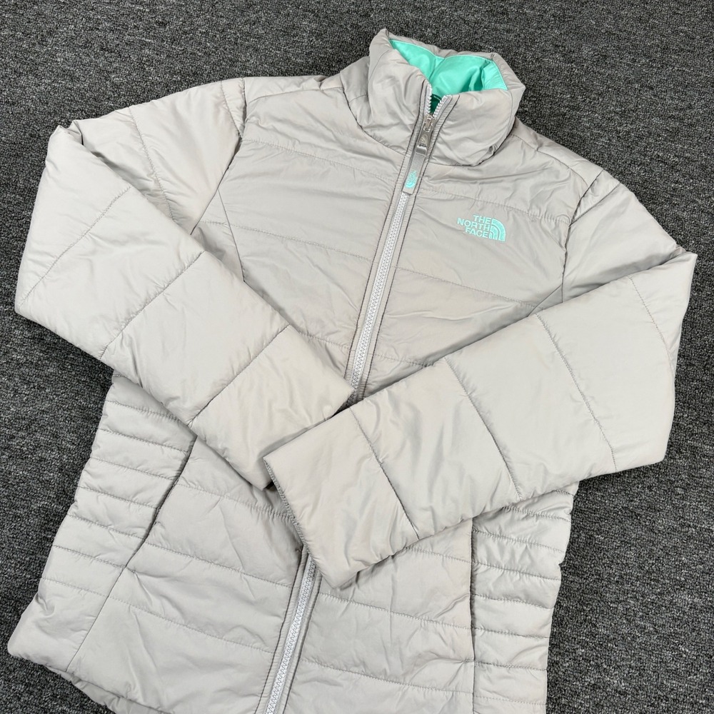 The North Face Puffer Jacket Girls L 14/16 Gray Mint Green Insulated Full Zip
